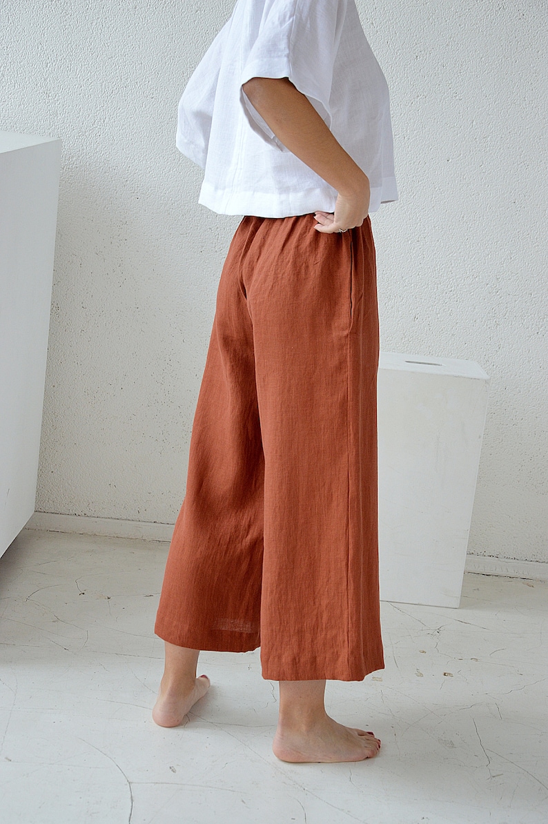 Linen pants, linen culottes woman's, terracotta casual pants, linen culottes, wide leg pants image 6