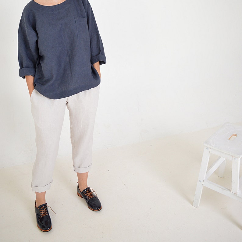 Linen loose top Oversize blouse Midnight blue linen top Washed linen blouse long sleeves top Soft linen casual top image 3