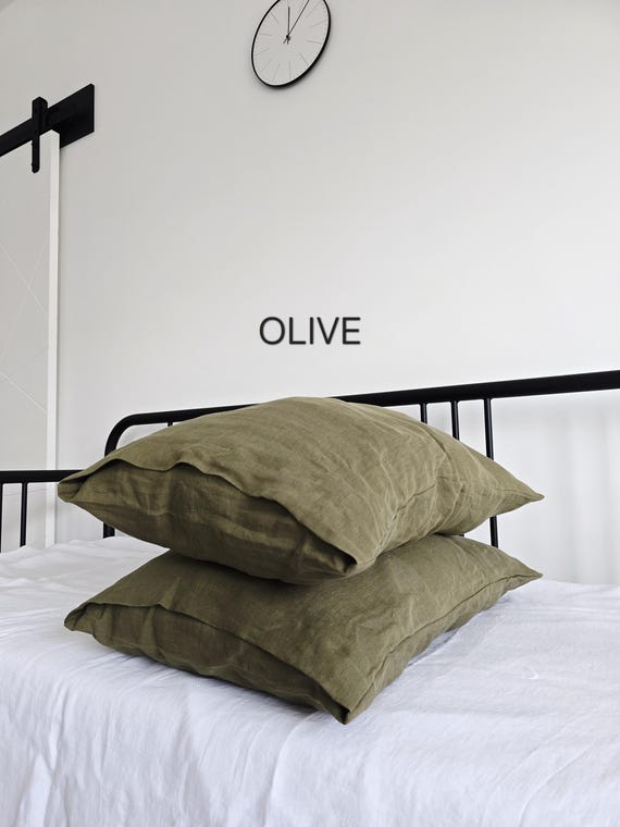 Bed linen pillowcase, OLIVE stonewashed linen pillowcases envelope closure