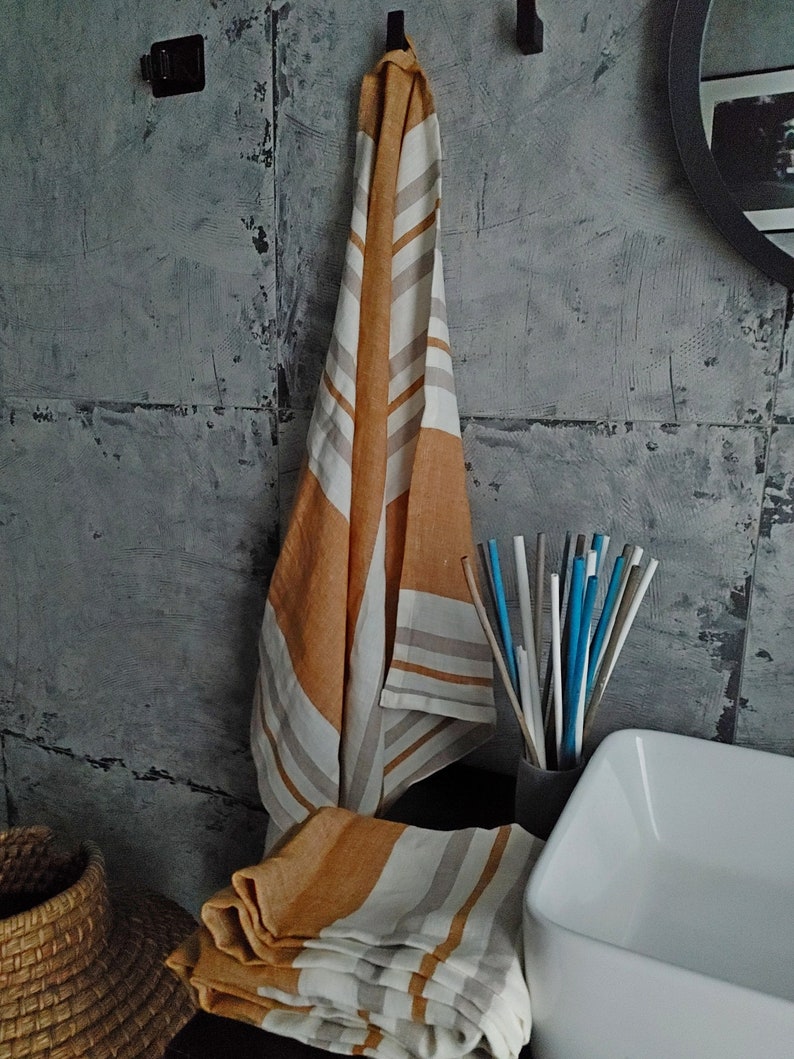 Linen bath sheet, Stonewashed linen bath towels, Thick striped linen towel image 6