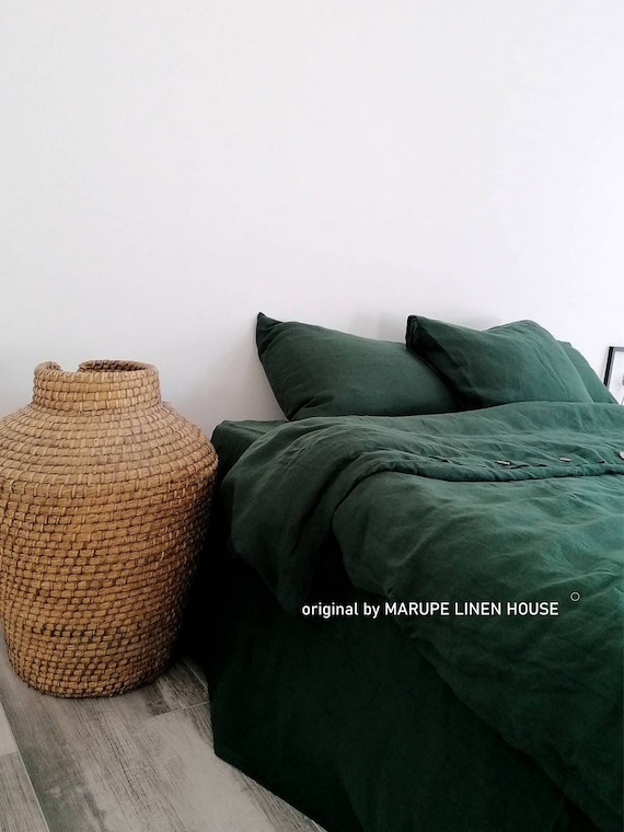 Linen duvet cover, Dark emerald duvet cover, soft linen bedding, Lithuanian linen