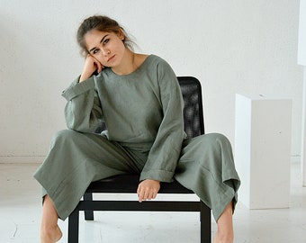 Linen culottes pants / Loose pants / Moss green pants / Midi flared linen pants / Soft linen trousers / Pocket pants / Woman's pants