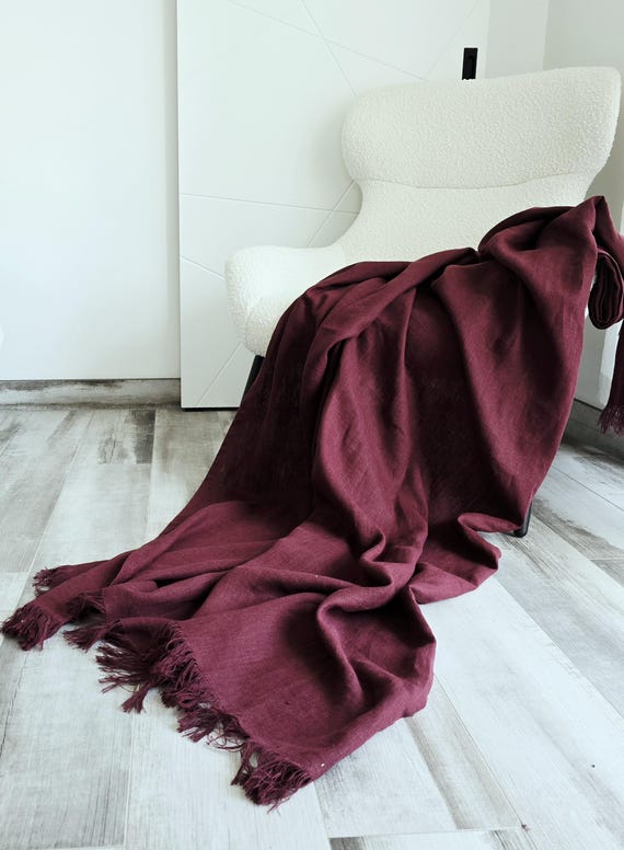 BURGUNDY / Linen throw blanket / Heavy weight linen blanket / Softened thick linen / Summer blanket