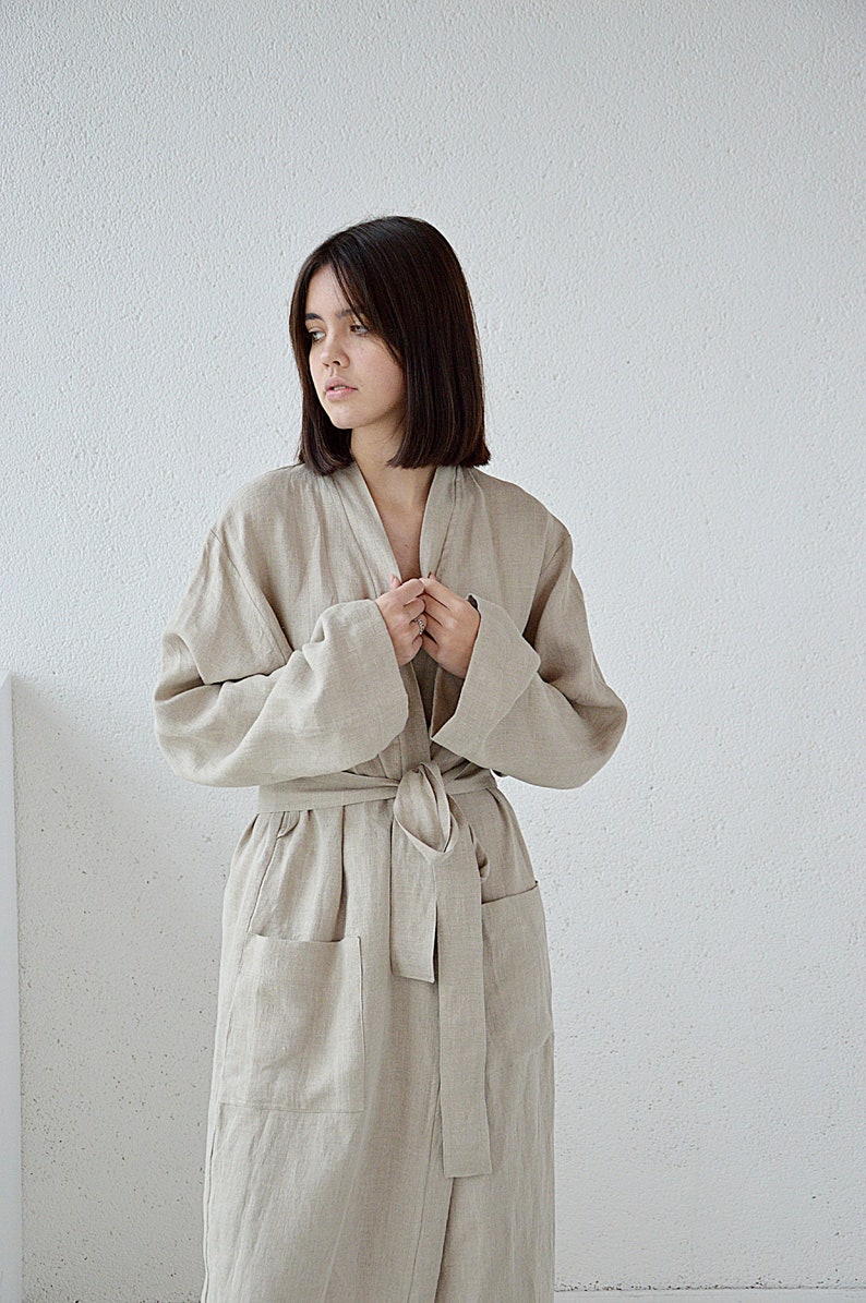 Natural linen morning robe Long robe with pockets Long Etsy