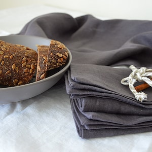 Dark linen napkins, Natural linen napkin set, Dinner napkins with mitered corners