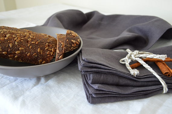 Dark linen napkins, Natural linen napkin set, Dinner napkins with mitered corners