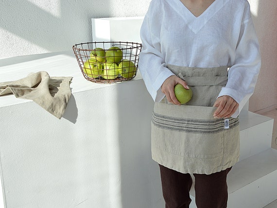 Thick linen apron - Practical natural apron - Striped apron - Durable apron - Heavy weight linen apron - Stonewashed linen cafe apron