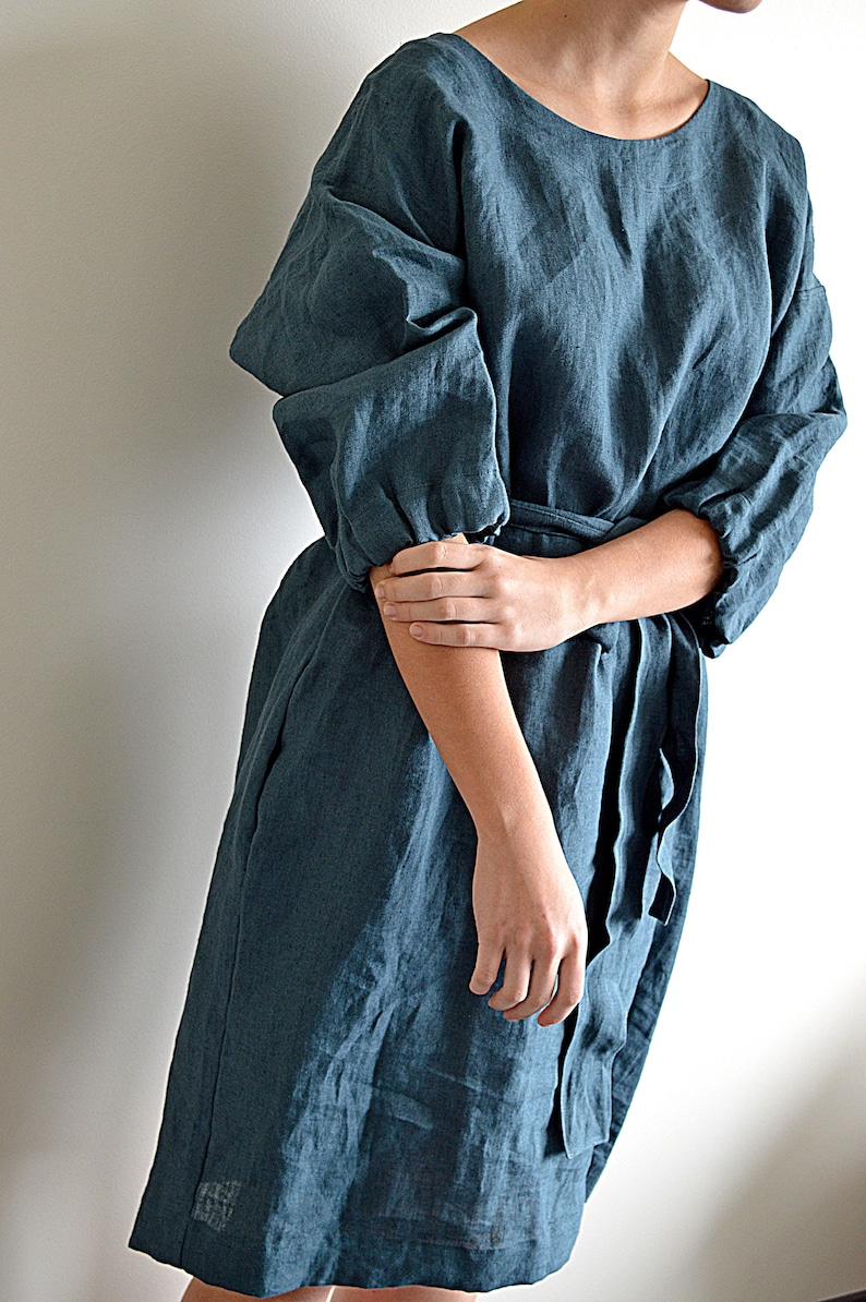 Linen dress Ocean wave linen dress Dress with a belt Comfortable casual tunic / dress Loose dress with pockets image 3