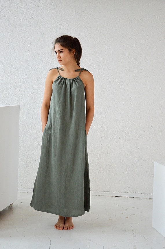 Long linen dress, Soft linen dress with regulating straps, Dress with pocket