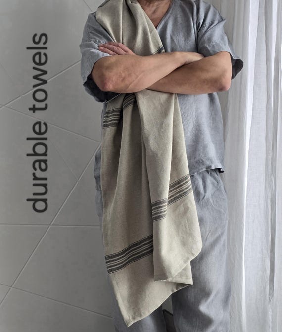Heavy Striped Linen Bath Towel for Sensitive Skin – Breathable, Washed Linen, Plastic-Free Bathroom