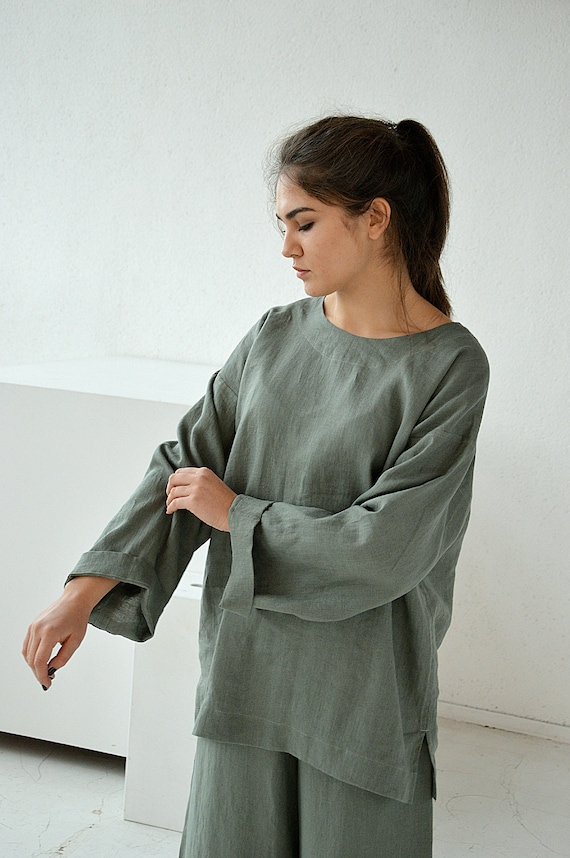 Linen loose top / Moss green oversize linen top / Oversize long sleeve blouse / Washed linen blouse / Soft linen casual top