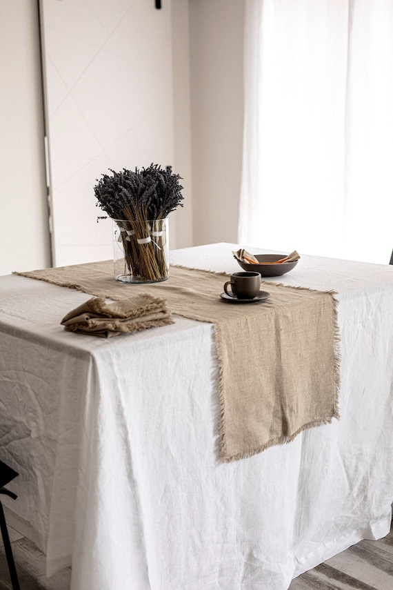 Linen table runner, Rustic softened linen raw edges table runner, Heavy weight table runner