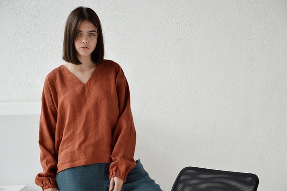 Linen V-neck top / Terracotta linen blouse / Oversize long sleeve blouse / Washed linen blouse / Soft linen casual top