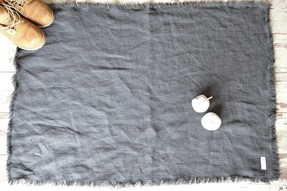 Linen fringed rug, Linen double-layered charcoal blue bath, bed mat, Simple sauna linen mat