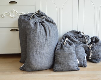 Sac de rangement écologique - Lin épais - Sacs 100% lin - Sac en lin double couche - Sac en lin à lessive - Grand sac de rangement - cordon de serrage en lin
