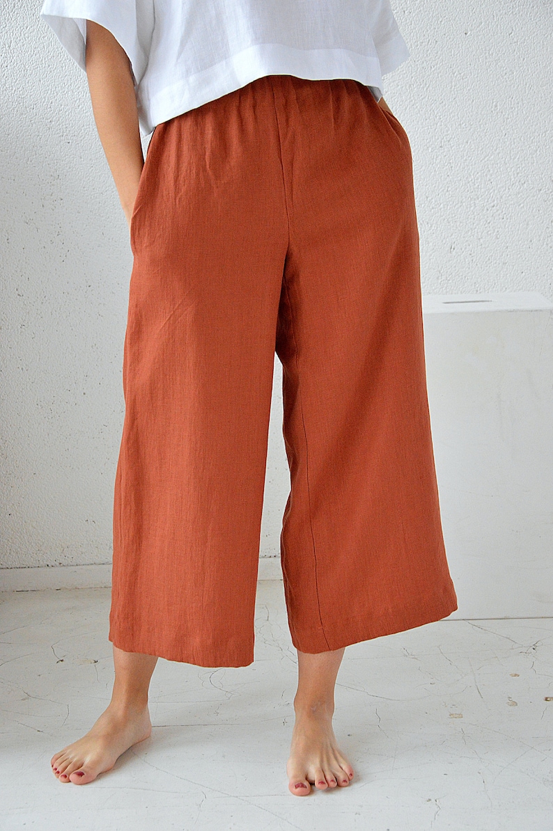 Linen pants, linen culottes woman's, terracotta casual pants, linen culottes, wide leg pants image 10