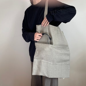 Linen shopping bag - Thick tote bag - Striped tote bag - Large linen bag - Shopping bag with pocket - oversized tote bag