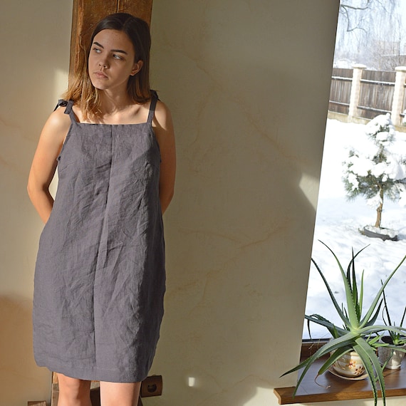 Summer Linen night dress - Brownish eggplant handmade sleepwear - Soft linen sleep dress - Dress with regulating straps - Linen loungewear