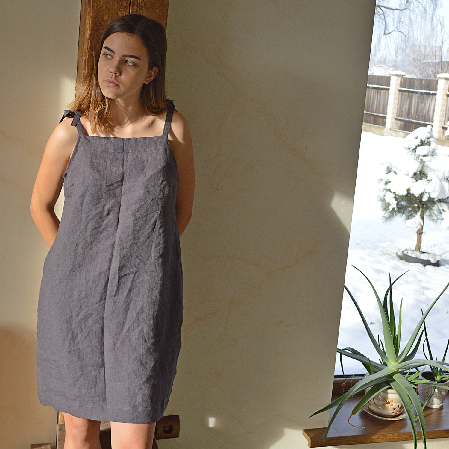 Long white linen slip dress, Linen nightgown strap dress, Linen lounge ...