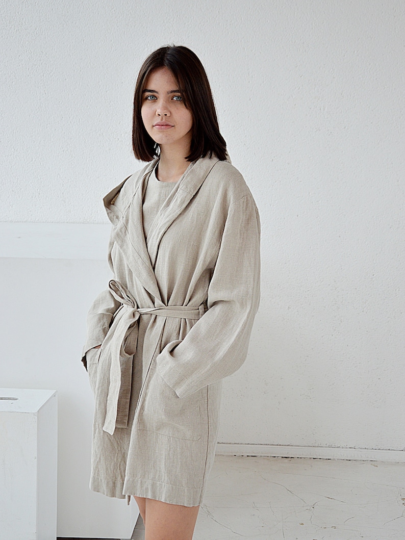 Morning linen robe Woman's linen bathrobe Sizes XS-2XL High-quality softened linen Short robe with hood image 7