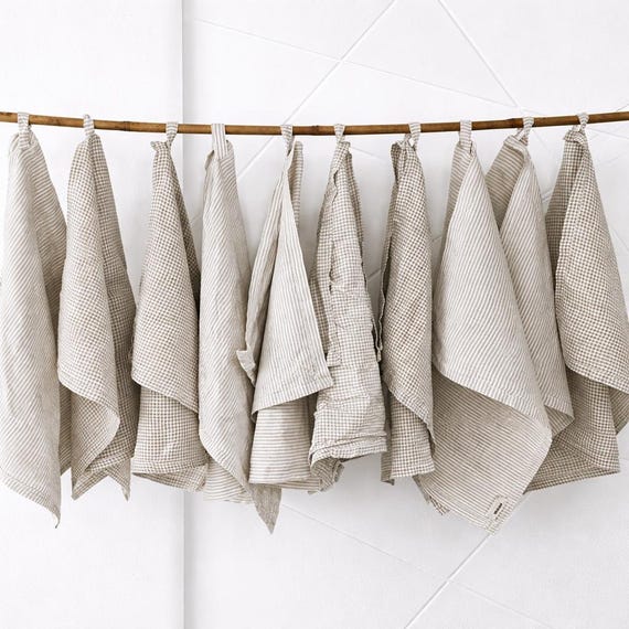 Set of 2 Linen Kitchen Towels, Gingham Stripe Dish Cloth, Absorbent Eco Friendly