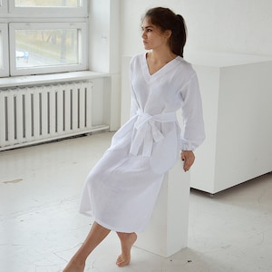 READY TO SHIP - S size - White linen midi linen dress - Long sleeved dress - V-neck dress with pockets