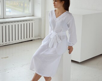 READY TO SHIP - S size - White linen midi linen dress - Long sleeved dress - V-neck dress with pockets