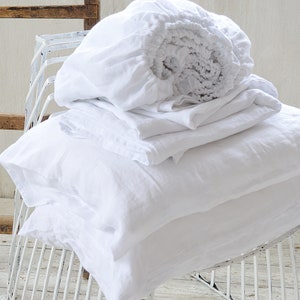 LINEN sheet set, pure white linen set of 4 pcs, 2 linen pillowcases & 2 sheets, linen bedding set