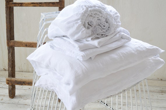 LINEN sheet set, pure white linen set of 4 pcs, 2 linen pillowcases & 2 sheets, linen bedding set