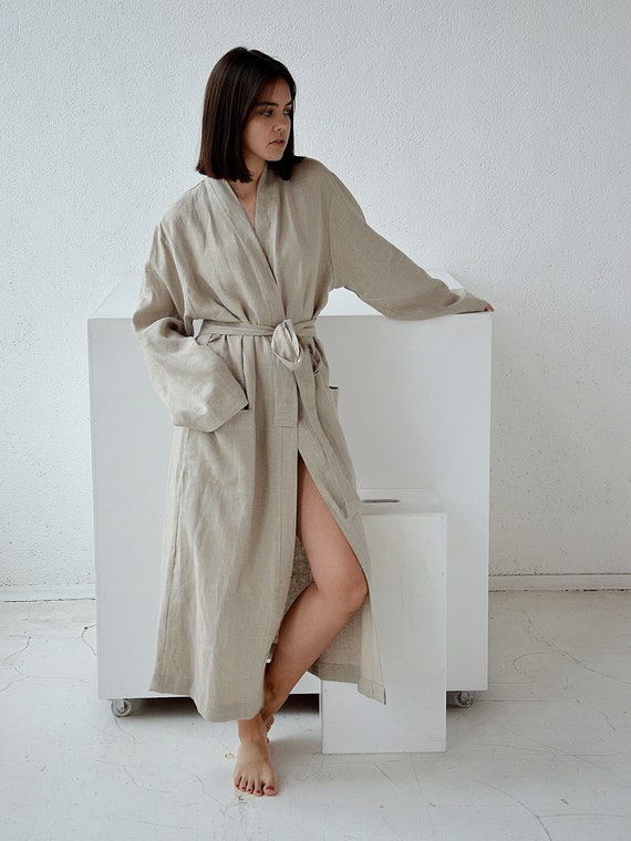 Natural linen morning robe - Long robe with pockets - Long linen bathrobe - Linen loungewear