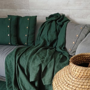 Linen throw set, DARK EMERALD throw blanket and two pillow cover