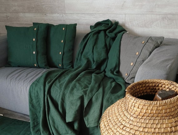 Linen throw set, DARK EMERALD throw blanket and two pillow cover
