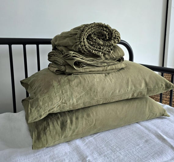 LINEN sheet set, OLIVE linen set of 4 pcs, 2 linen pillowcases & 2 sheets, linen bedding set