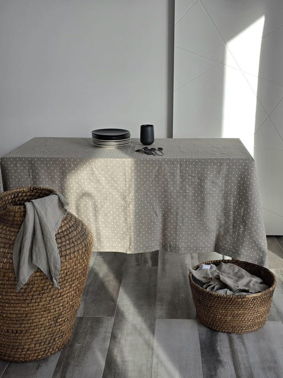 Polka Dot Linen Tablecloth: Natural Lithuanian Fabric, 54" x 71"