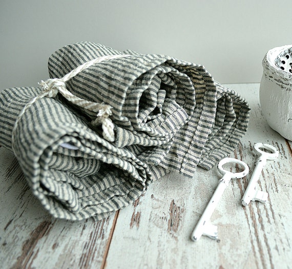 Striped Linen towel / Natural washed linen towels / Simple rustic kitchen towels / Hand face linen towels / Guest linen towels