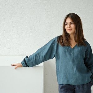 READY TO SHIP - S size - Linen V-neck top  - Oversized long sleeved blouse - Washed linen blouse  - Soft linen casual top
