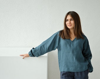 READY TO SHIP - S size - Linen V-neck top  - Oversized long sleeved blouse - Washed linen blouse  - Soft linen casual top