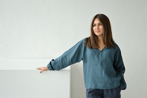 READY TO SHIP - S size - Linen V-neck top  - Oversized long sleeved blouse - Washed linen blouse  - Soft linen casual top