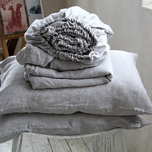 Linen sheet set, linen sheet set of of 4 pcs, 2 pillowcase and 2 sheet set, ASH pearl melange linen bedding set