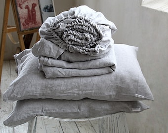 Linen sheet set, linen sheet set of of 4 pcs, 2 pillowcase and 2 sheet set, ASH pearl melange linen bedding set