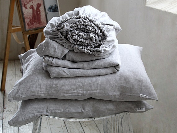 Linen sheet set, linen sheet set of of 4 pcs, 2 pillowcase and 2 sheet set, ASH pearl melange linen bedding set