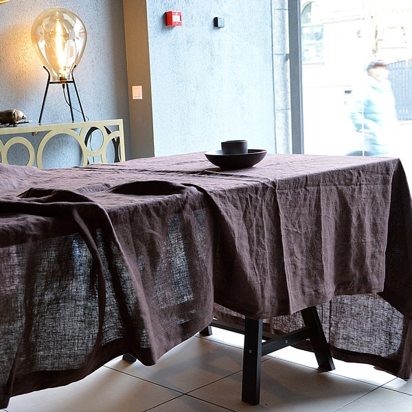 Chocolate Linen tablecloth / Table linen / Dark linen tablecloth /  Softened tablecloth with mitered corners / Stonewashed linen tablecloth