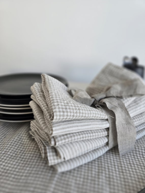 Striped Checkered Linen Napkin Set of 2, Dinner Linens