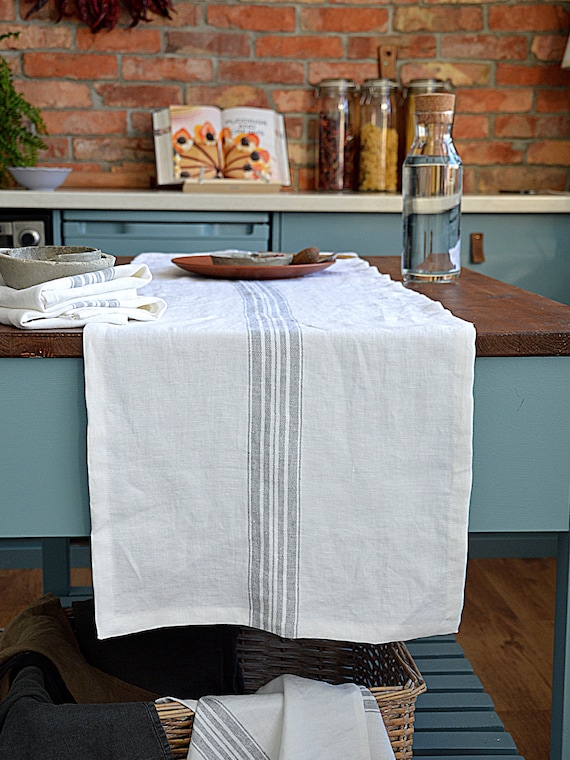 Linen table runner / Heavy weight runner / White with strip / Table runner with mitered corners / Rustic linen table runner