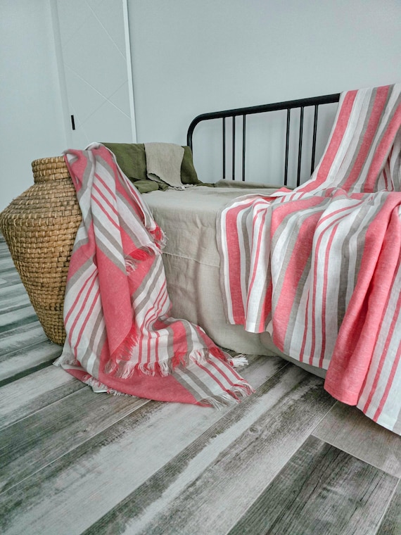Striped Linen Throw Blanket, Softened 280 GSM Linen Coverlet