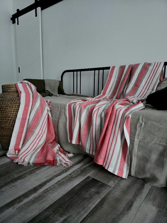 Striped Linen Throw Blanket, Softened 280 GSM Linen Coverlet