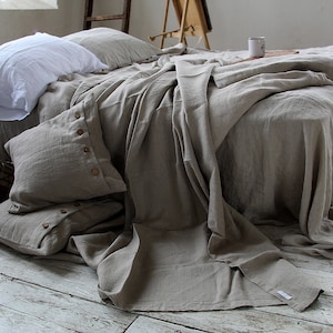 Linen throw set, natural undyed throw blanket and two pillow covers