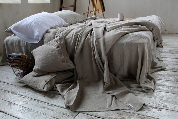 Linen throw set, natural undyed throw blanket and two pillow covers