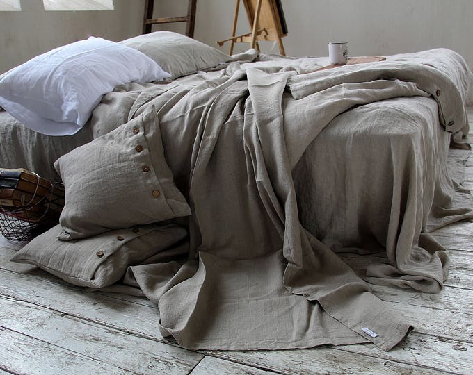 Linen throw set, natural undyed throw blanket and two pillow covers