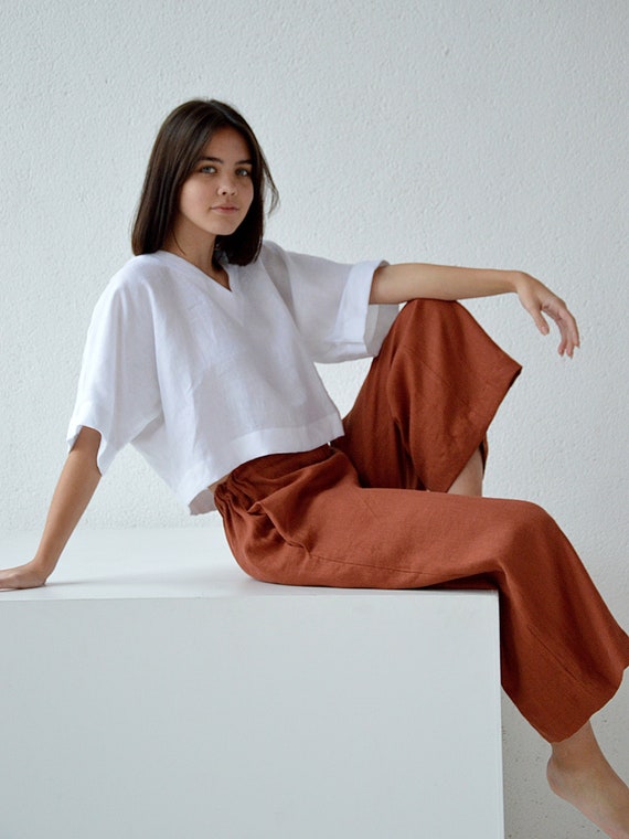 Linen pants, linen culottes woman's, terracotta casual pants, linen culottes, wide leg pants